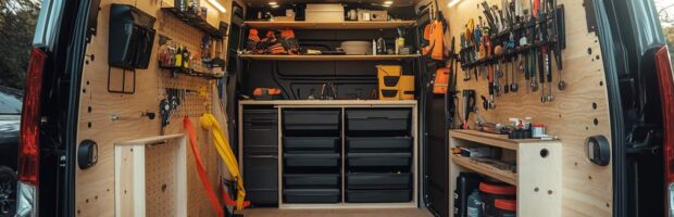 Organised electrician van racks with cables and storage boxes